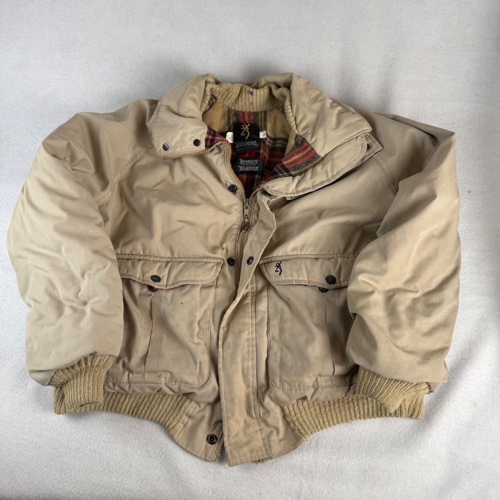 Vintage Browning Thermolite Insulated Bomber Jacket Tan Plaid Lined Mens Large